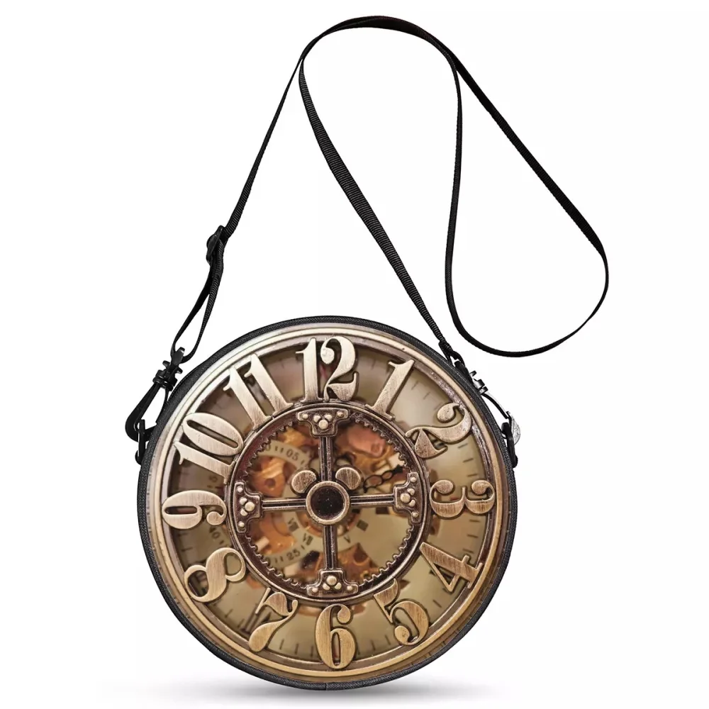 ELVISWORDS Fashion Circle Crossbody Bag Mini Girls Round Pack Cute Clock Print Women Shoulder Sac Novelty Clock Bag Lady Purse