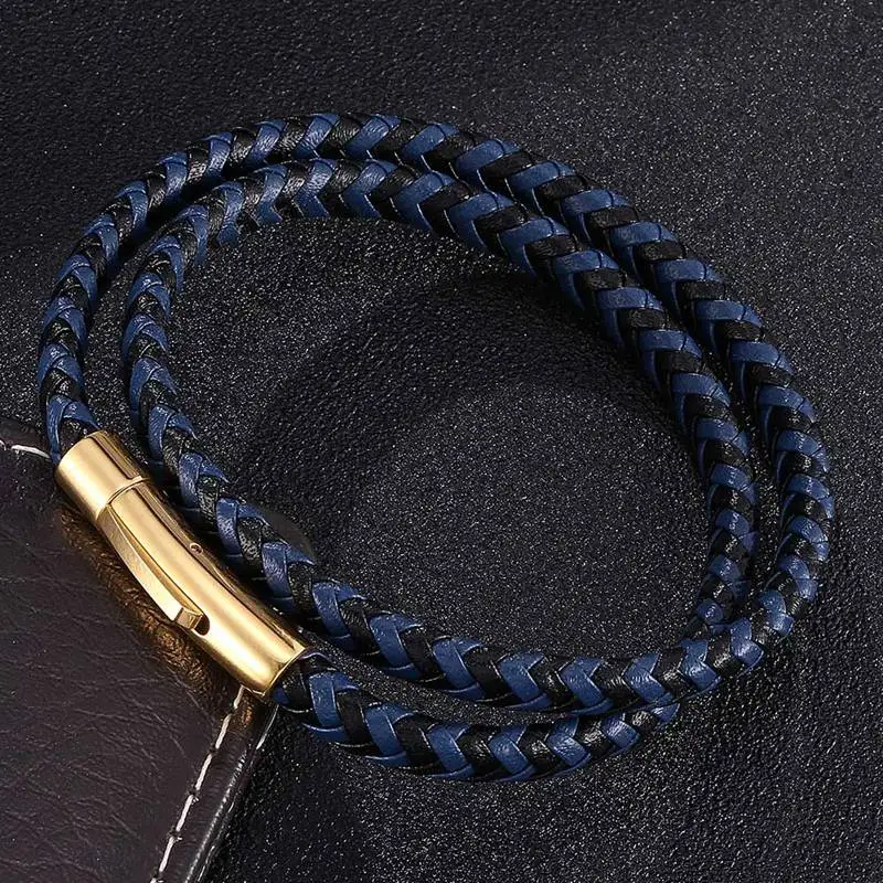 Leather Mix Braided Black Blue Leather Interlaced Cuff Bangle Multilayer Leather Bracelets For Men Jewelry Gift BB0498