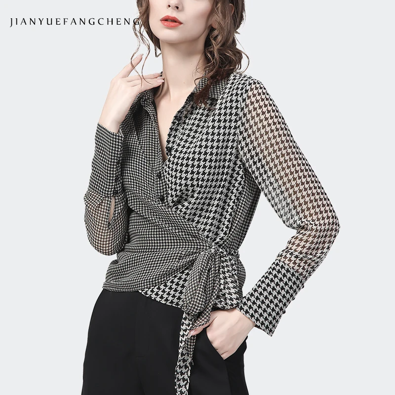 Fashion Womens Chiffon Plaid Shirt 2022 Spring New Long Sleeve Turn-down Collar Crossed Lace-Up Tops Casual Office Female Blouse