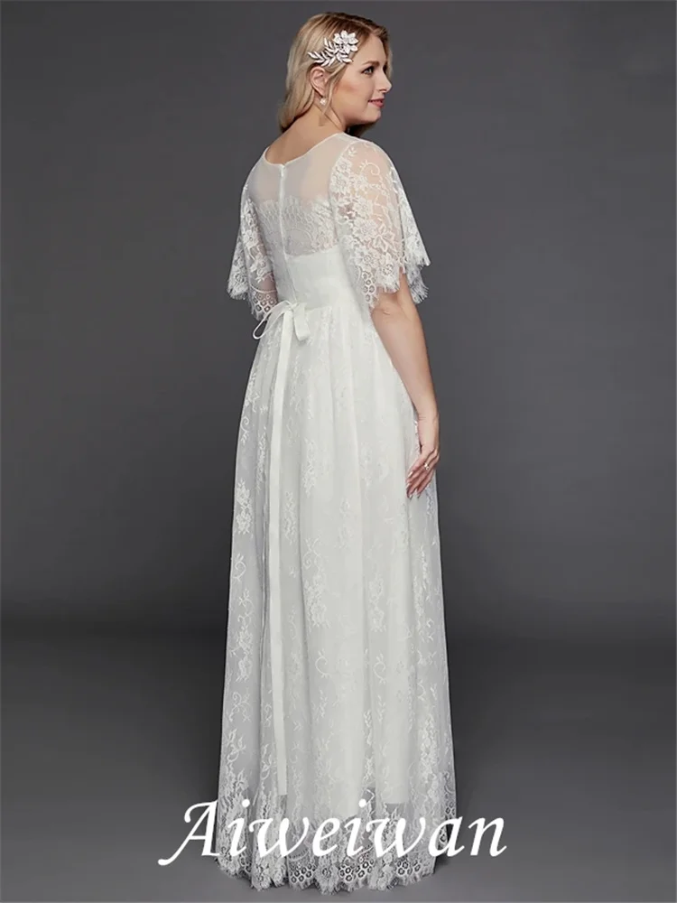 Abiti da sposa a trapezio Illusion Neck gioiello mezza manica formale Boho abito bianco trasparente con inserto in pizzo perline 2021