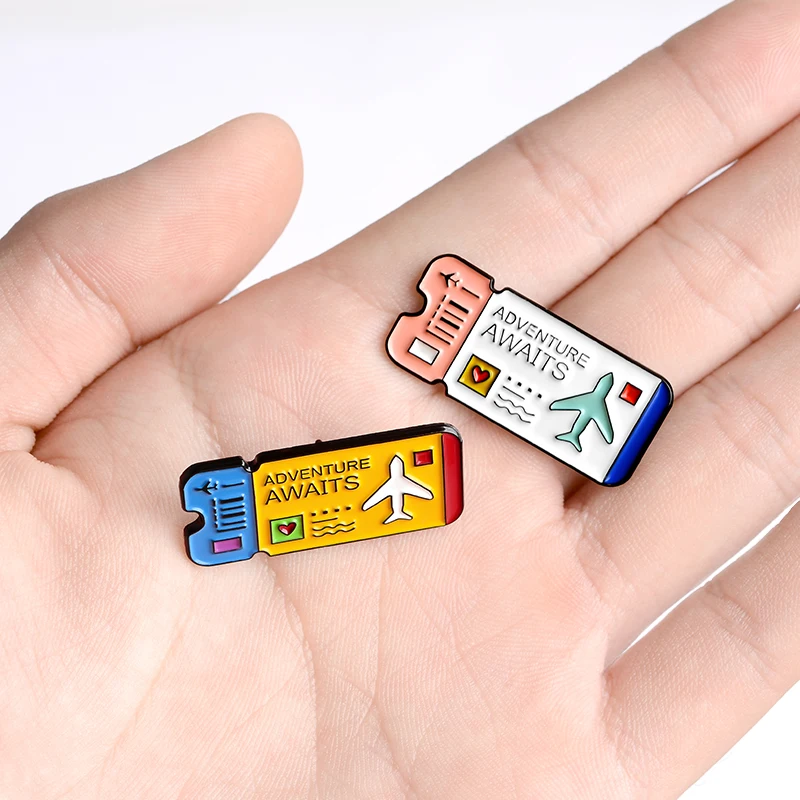 Cartoon Airplane Tickets Enamel Pin Adventure Awaits Custom Lapel Bag Badge Outdoors Travel Jewelry Brooches Pins for Friends