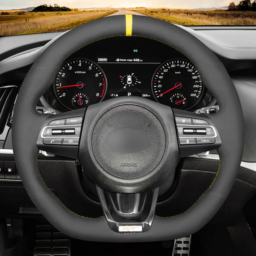 Hand-stitched Black Suede Yellow Marker Car Steering Wheel Cover for Kia Stinger 2017 2018 2019 2020