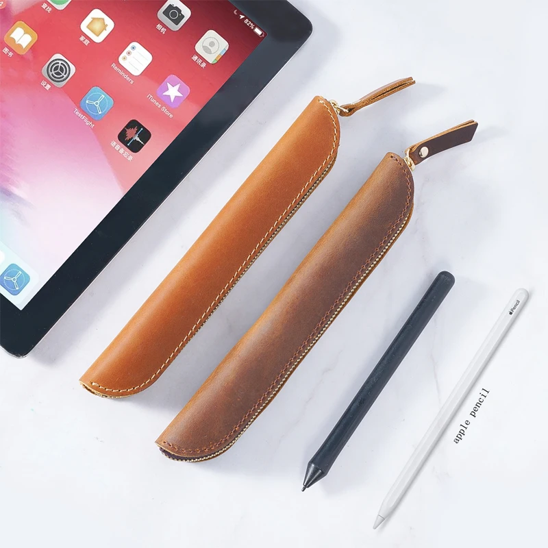 

Fromthenon Simple Retro Mini Pen Case Crazy Horse Leather Portable Zipper Pencil Storage Bag for Apple Pencil Vintage Stationery