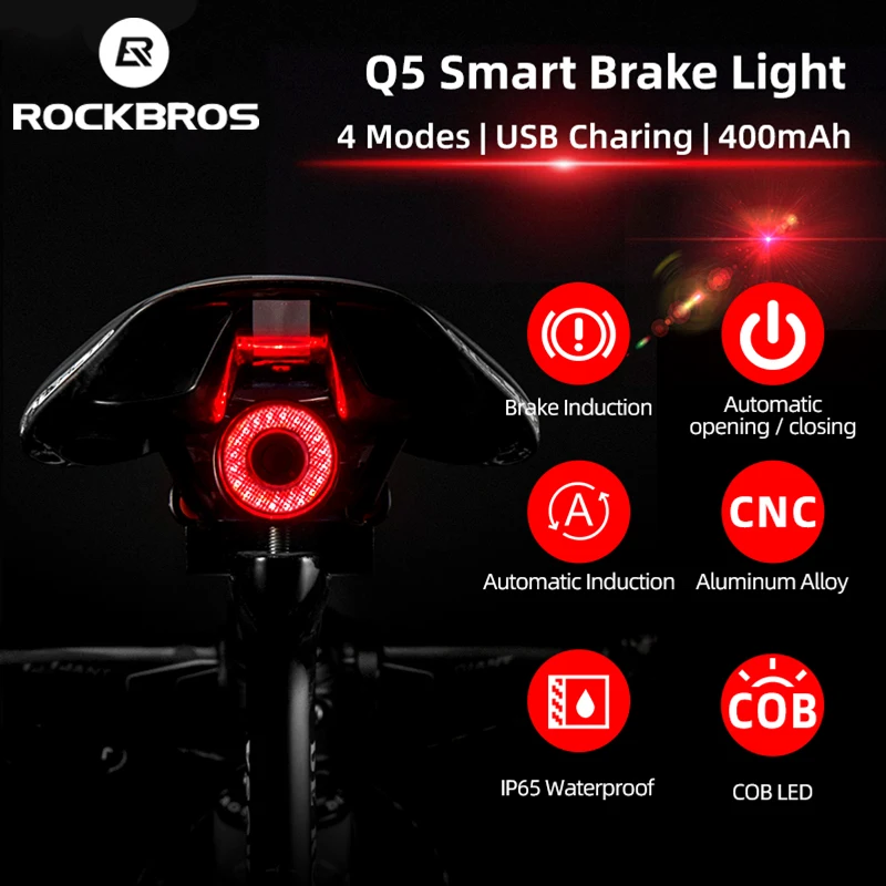 

ROCKBROS Bicycle Smart Auto Brake Sensing Light IPx6 Waterproof LED USB Charging Cycling Taillight Bike Rear Light Accessories