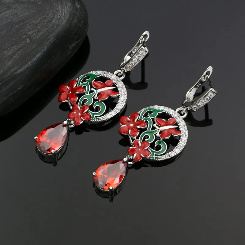 925 Sterling Silver Enamel Jewelry Set For Women Wedding Accessories Red Garnet White Topaz Earrings Ring Pendant Necklace