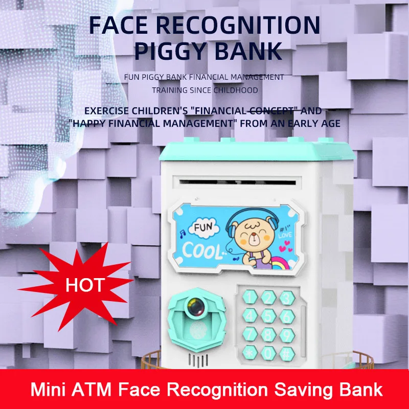 Mini ATM Saving Bank Face Recognition Piggy Bank Cartoon Automatic Roll Money Deposit Jar Fingerprint Money Detect 19cm Safe Box