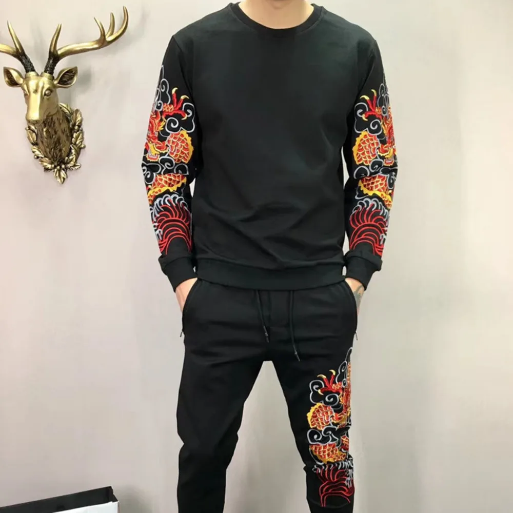 Set 2 Piece Sweatshirt And Pants Suits Sets 2020 Black Mens Set Embroidery Dragon Mens Tracksuit Jogging Homme Survetement Homme