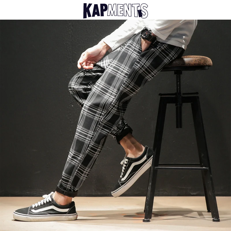 KAPMENTS Japanese Streetwear Plaid Pants Men Joggers 2023 Mens Casual Straight Harem Pants Male Korean Casual Trousers Pants 5XL