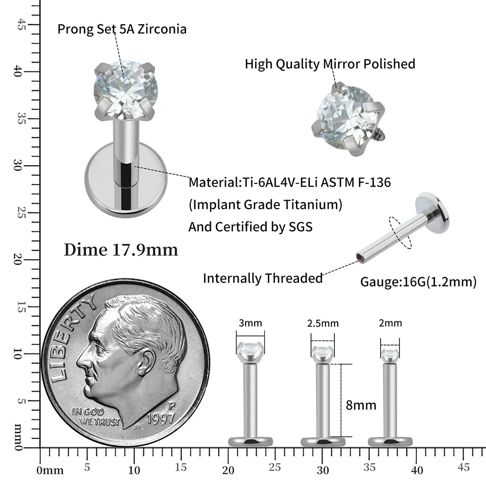 Right Grand ASTM F136 Titanium CZ Gem Threadless Labret Monroe Lip Ring Tragus Nail Helix Earring Stud Barbell Piercing Jewelry