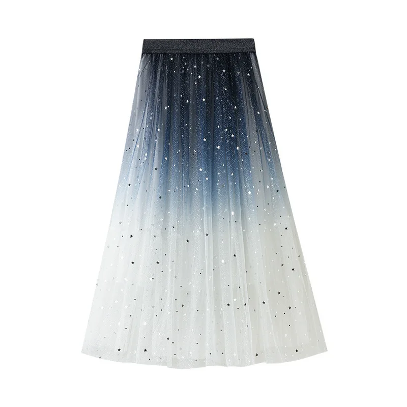 Starry Sky Mesh Skirt Summer New Female Gradient Color Fashion Mid-Length Color Matching Star Sequins Elastic Waist Mesh Skirt