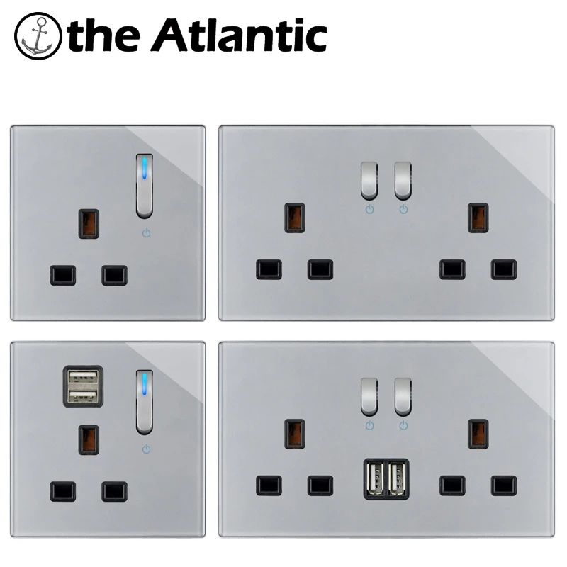 UK 13A Plug Power Socket With Double USB& Outlet Charger Wall Outlet Piano Key Switch Gray Glass Singapore Ireland Malta Socket