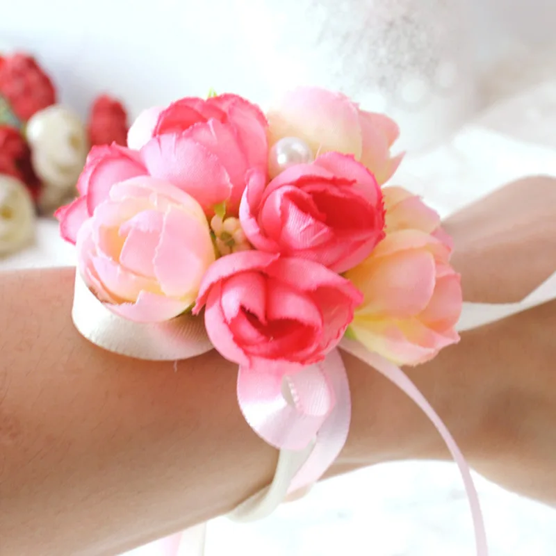 1pcs ประณีตเทียมดอกไม้พรหม Corsage ข้อมือสร้อยข้อมือดอกไม้ตกแต่งเจ้าสาวช่อดอกไม้งานแต่งงานรถ DIY ตกแต่ง