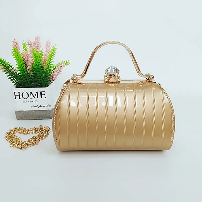 Luxury PU Leather Women Party Evening Bag Ornament Metal High End Rhinestone Clutch Purses Gold Lady Stripe Handbags