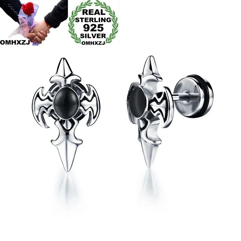 OMHXZJ Wholesale European Fashion Man Party Wedding Gift Cross White Black AAA Zircon 925 Sterling Silver Stud Earrings EA20