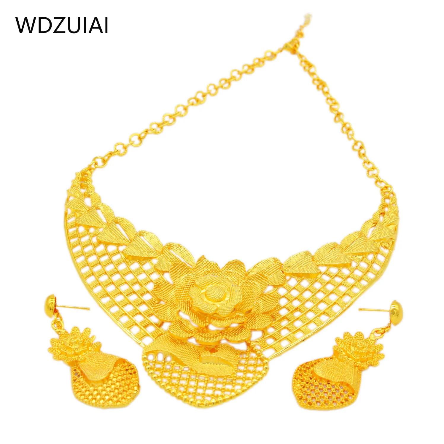 WDZUIAI Trendy Bright Gold Color Flower Necklace&Earrings Jewelry Set African Arab Dubai Women Brida Wedding Charm Jewelry Gifts