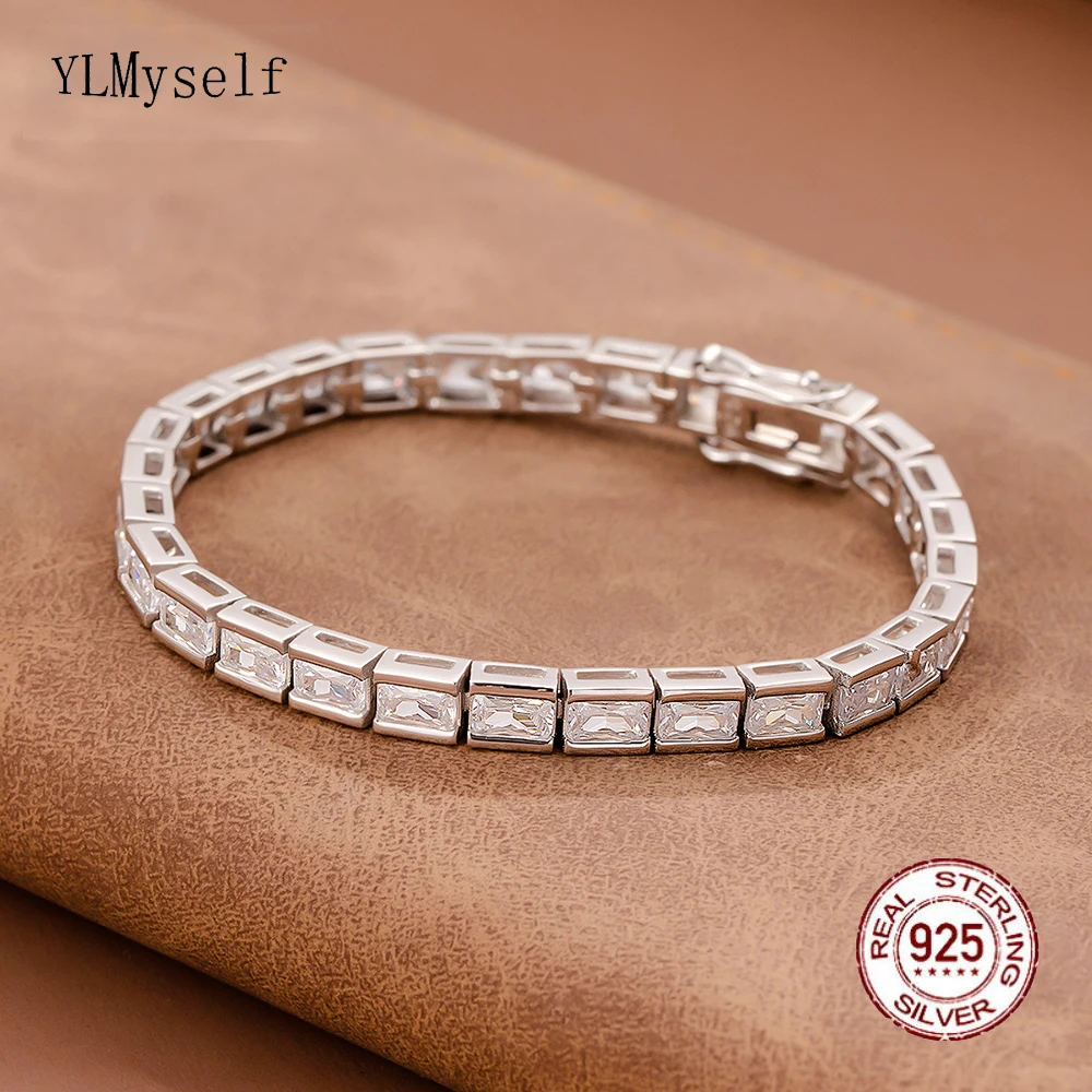 

Solid Silver 15-18CM Tennis Bracelet Jewelry Gift Pave Setting 3*5mm Rectangle Stunning Zircon Real 925 Fine Jewellery