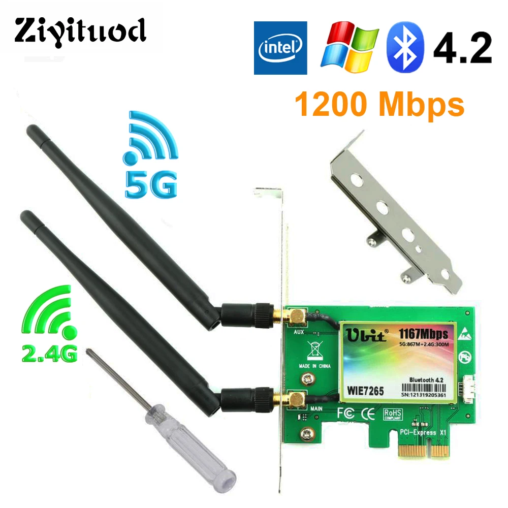 

Wireless Wifi Card 2.4G/5G Bluetooth 4.2 WIE7265 Dual Band PCI Express X1 Gigabit Network Adapter Speed Up to 867Mbps Desktop