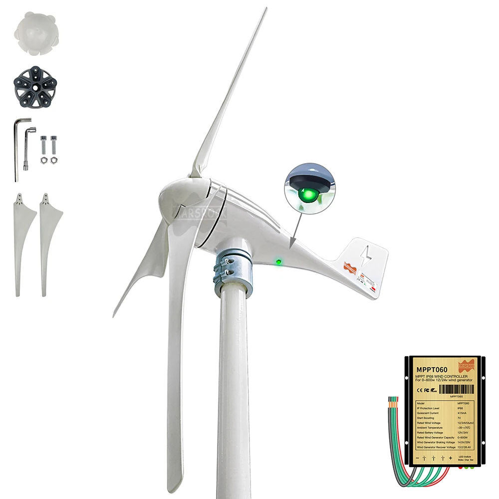 600W 12V 24V Wind Turbine Generator 3 5 Blades Residential AC Hawt Wind Mill with Free MPPT Controller Charging Indicator LED