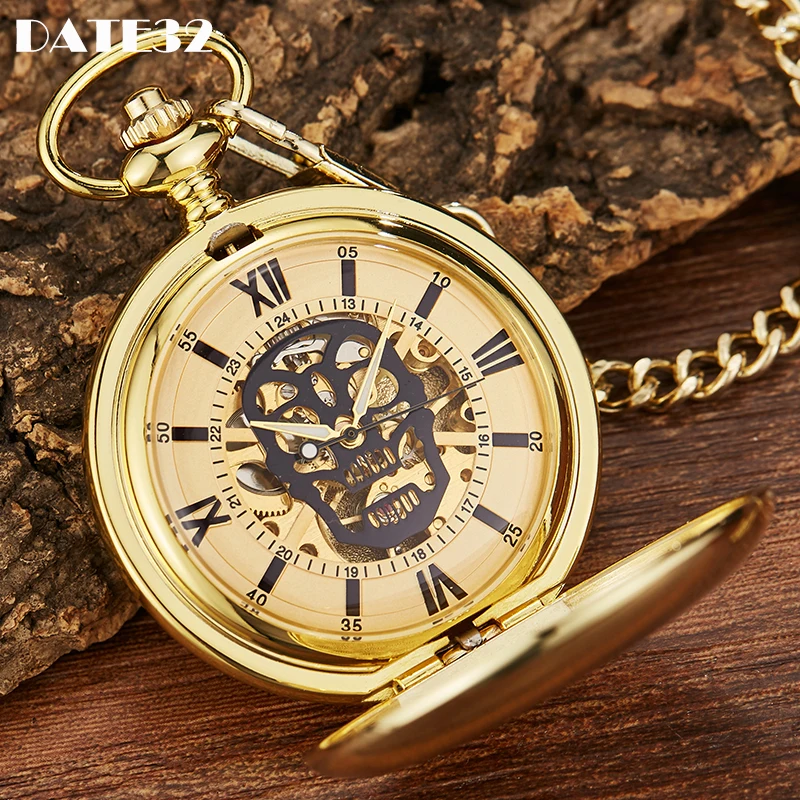 Smooth Gold Case Skull Roman Numerals Dial Mechanical Pocket Watch Luxury Golden Fob Chain Collection Clock for Men Dropshipping