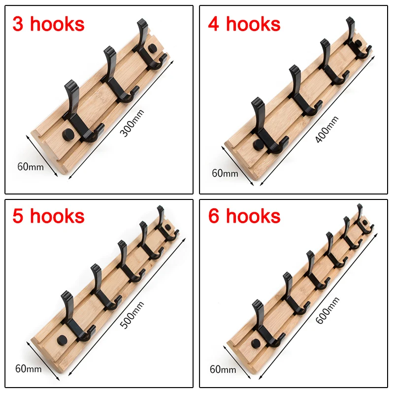 Bamboo Coat Rack Wall-mounted Hooks Simple Hanger Bedroom Wall Rack with Moveable Hooks Hat Hanger