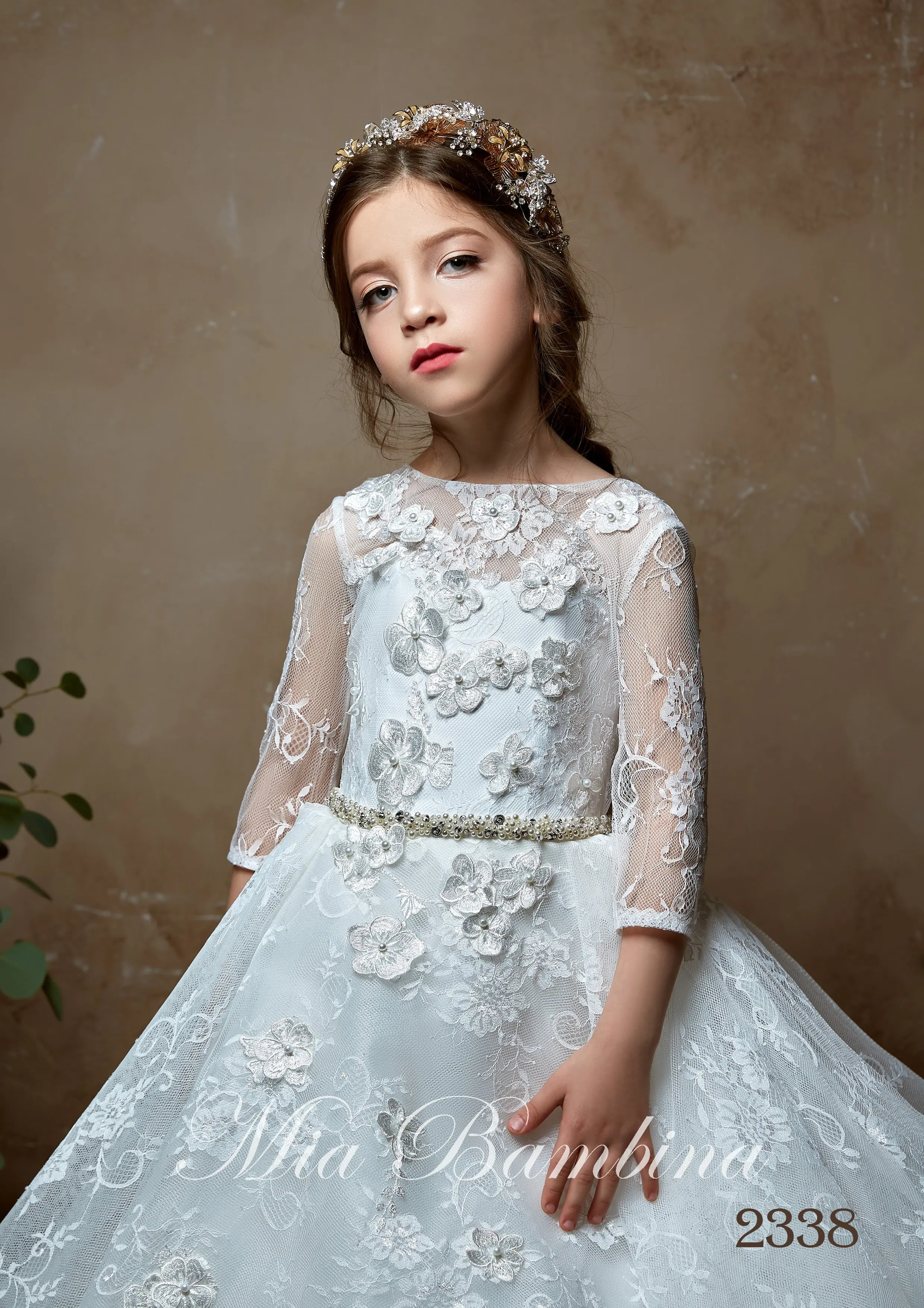 Robes de luxe à fleurs pour filles, col en bijou, en dentelle, avec des Appliques florales 3D, robe de concours, manches longues, robes de fête d'anniversaire pour enfants