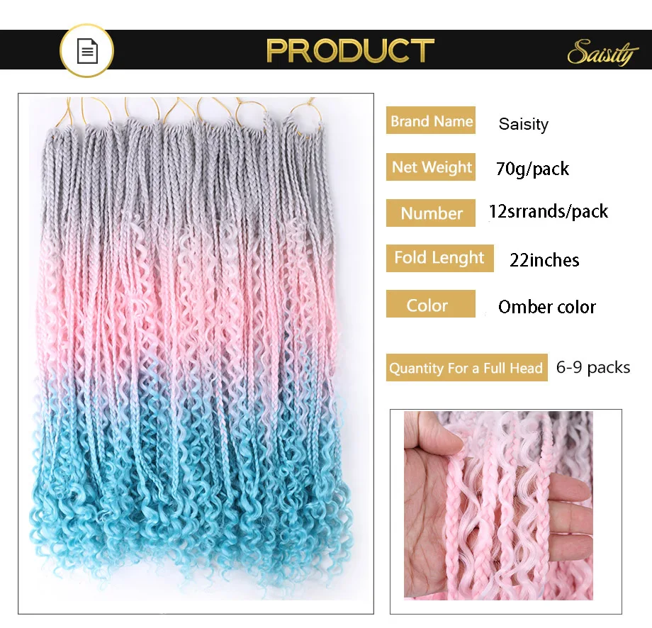 Saisity Ombre Synthetic with Split Ends Goddess Box Braids Crochet Hair Extensions With End Bohemian Box Braiding Hair