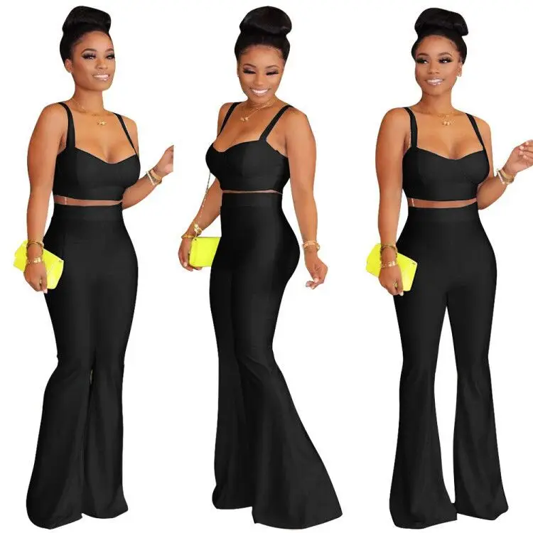 Summer Two Piece Set Casual Neon Spaghetti Strapless Sleeveless Corp Tops Long Flare Pants Suit Night Party Set Outfit Tracksuit