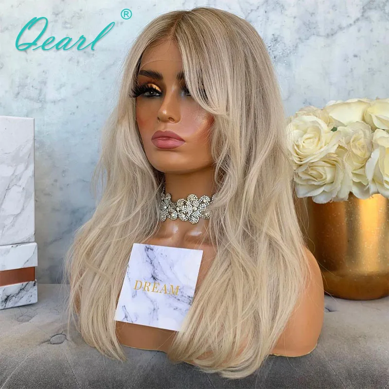 Ombre Light Ash Blonde HD Lace Frontal Wig Fringe 13x6 Human Hair Wigs Full Lace Wig Natural Straight 180% Cheap Sale Qearl