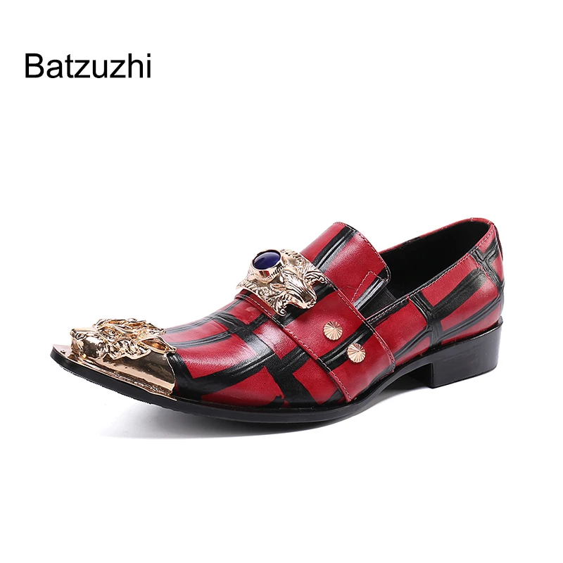 

Batzuzhi Italian Style Men's Shoes Red Genuine Leather Dress Shoes Men Pointed Iron Toe Slip on Party & Wedding Shoes for Men