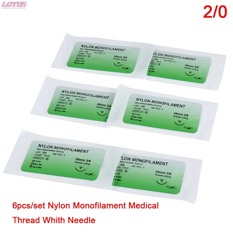 6PCS 2.0/3.0/4.0 Medical Needle Suture Nylon Monofilament Non-Damage Suture Medical Surgical Thread White Needle Suture Tool