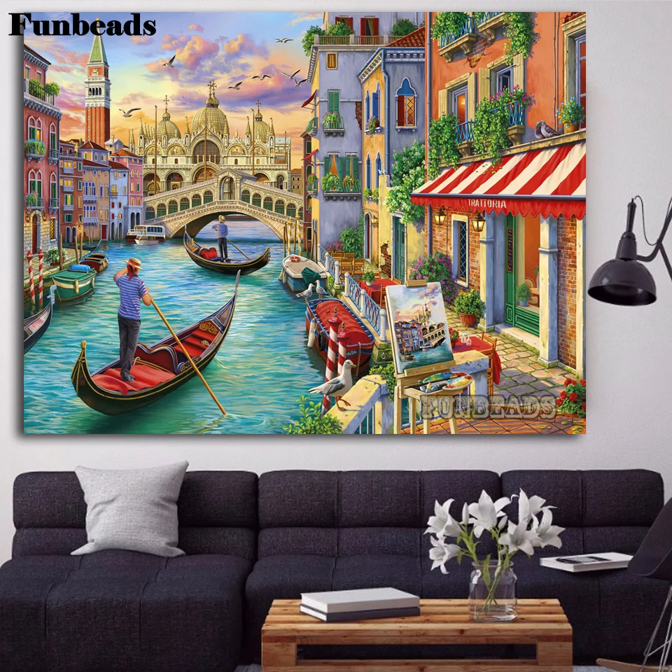 Cafe by the water Diamond Painting Cross Stitch kits Diamond Embroidery Boat Street bridge landscape Full Drill Handmade FF6542