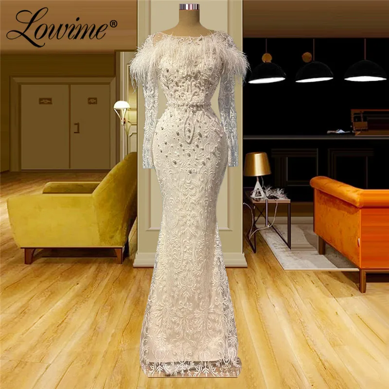 Lowime Elegant Lace Long Sleeve Mermaid Ivory Evening Dresses 2021  Feathers Pearls Beading Muslim Party Gown Vestidos De Fiesta