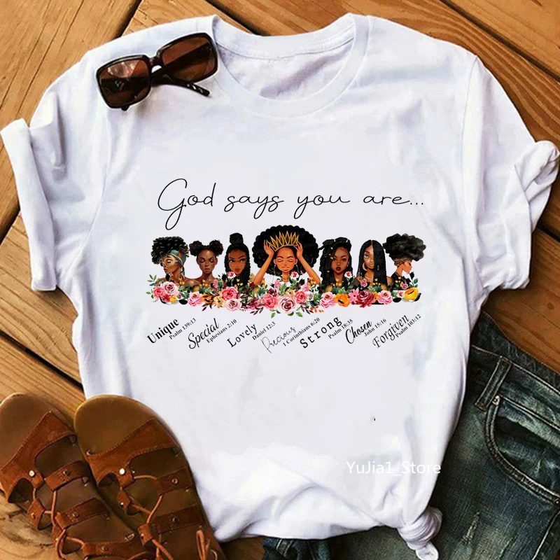 

God says you are black queens print girl t shirt clothes summer 2021 graphic tees women melanin black lives matter t-shirt tops