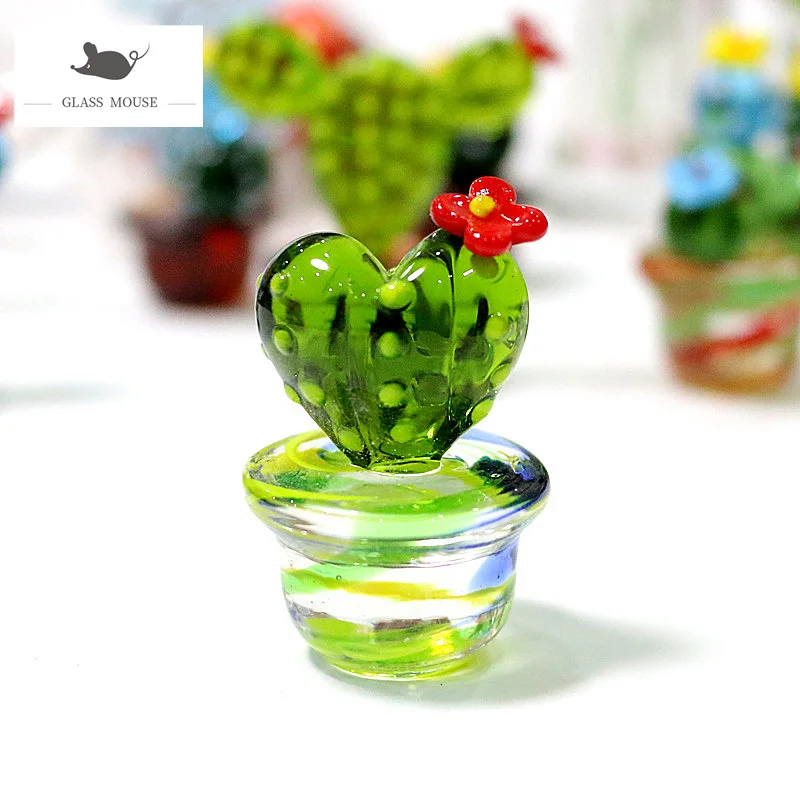 

Handmade Heart-Shaped Murano Glass Cactus Figurines Desktop Craft Ornament Creative Colorful Cute Miniature Plant For Home Decor