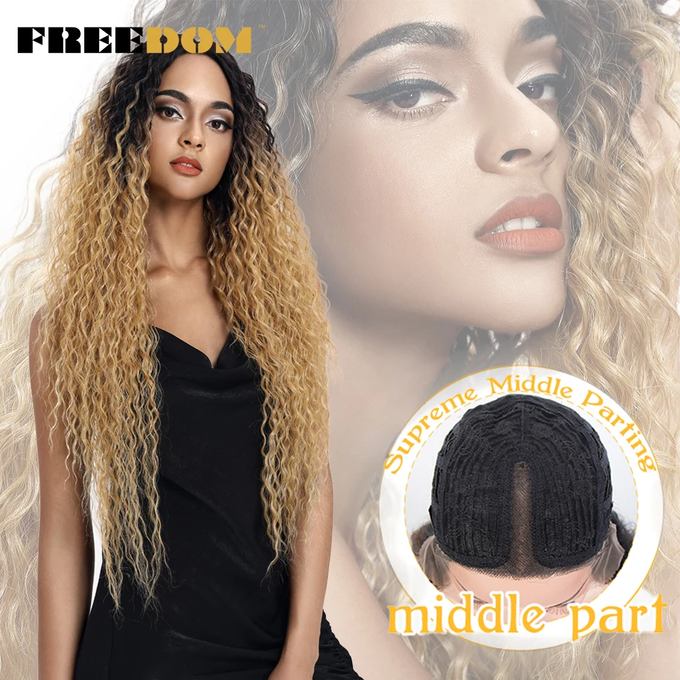 FREEDOM Synthetic Lace Wigs Long Kinky Straight Curly 30inch Omber Blond Grey Color Hair Wigs Heat Resistant Fiber Cosplay Wigs