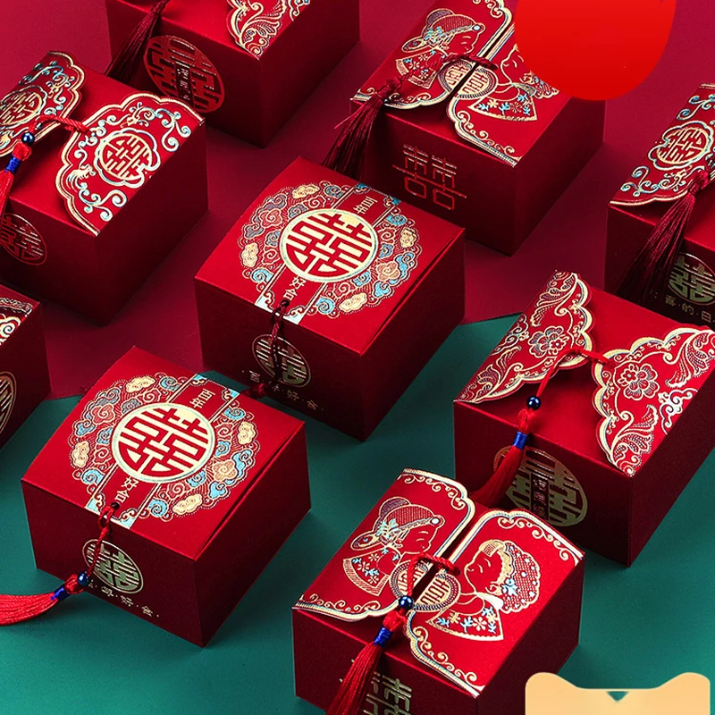 50pcs Retro red Chinese style Candy Boxes wedding gifts for guests mariage Paper Chocolate packaging box boite gateau mariage