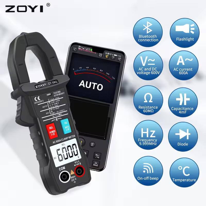 Цифровой мультиметр ZOYI 5BQ с Bluetooth, клещевой измеритель, 6000 отсчетов, измерение истинного среднеквадратичного значения переменного напряжения, переменного тока, частоты, емкости, сопротивления.