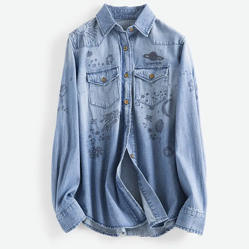 Frühling Neue Stickerei Langarm Denim Frauen Mode Gewaschen Baumwolle Jean Shirts Einreiher Bluse Weibliche Tops