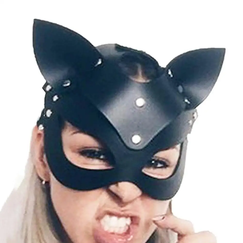 Women Cat Design Faux Leather Half Face Cover Masquerade Halloween Party Props Hollow Out Half Face Cat Design