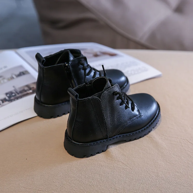 2024 autumn winter boys black boots children genuine leather short boots girls cotton boots baby winter warm shoes with cashmere