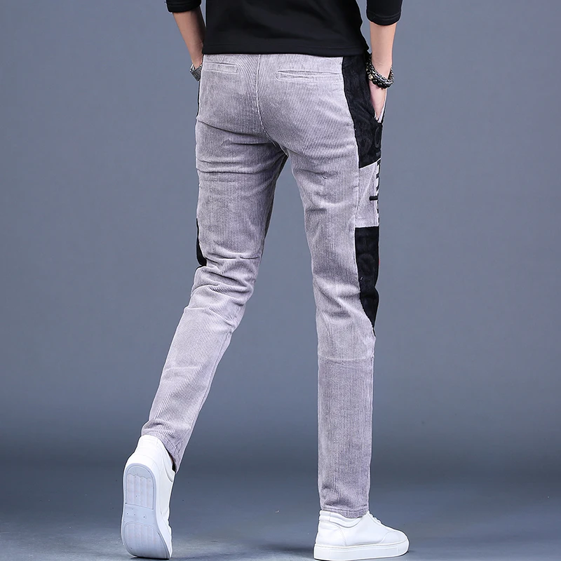 Men\'s Embroidery Patchwork Corduroy Pants Autumn Fashion Casual Gray Straight Leg Trousers