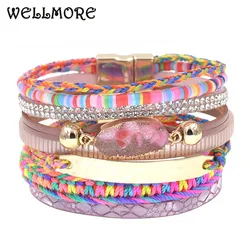 WELLMORE leather bracelets for women bohemia bracelets multilayer wide charm Bracelets & Bangles Female fashion Jewelry