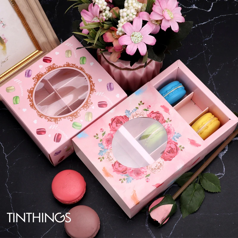 20PCS Macaron Box 6 Squares Paper Drawer Cake Boxes And Packaging Window Pink Flower Green Candy Box Wedding Gift Party Favors