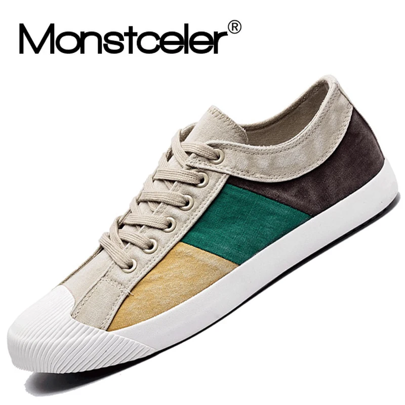 New Men\'s Canvas Sneaker Shoes Mixed Color British Fashion Men\'s Vulcanized Shoes Spring/Autumn Patchwork Cloth Men Flats