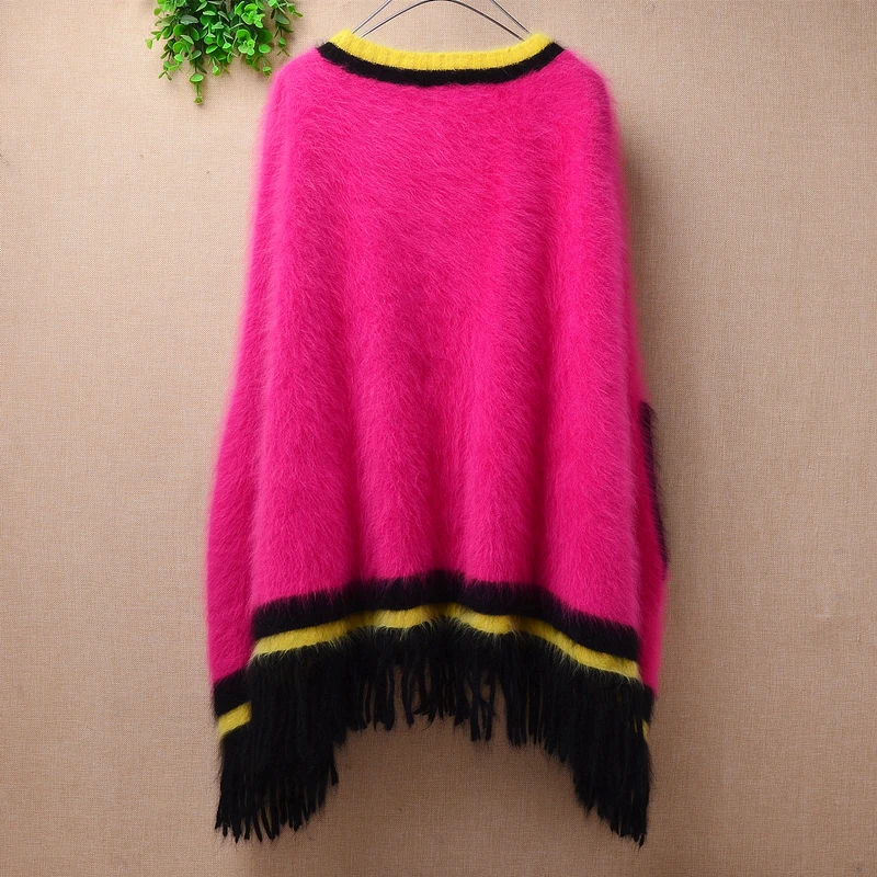 top quality female women hairy mink cashmere knitted Korean fashion tassel batwing sleeves loose pullover mantle angora jumper