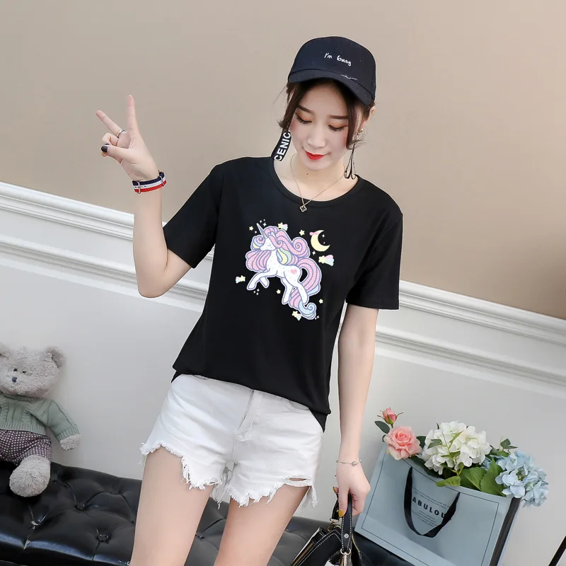 

Nice Korean Pop women's short-sleeved Round Neck T-shirt Women Ins Summer Loose Hong Kong Style Student Tops Tshirts