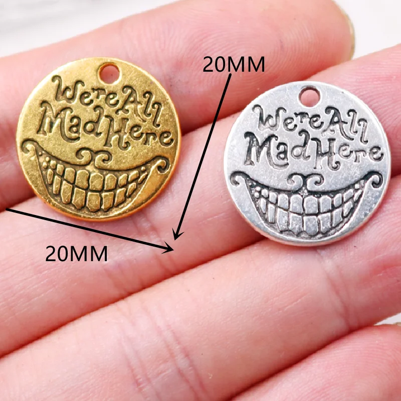 10pcs Silver Plated/Gold Plated We\'re All Mad Here Movie Tags Pendant DIY Charms Jewelry Crafts Making 20mm A366