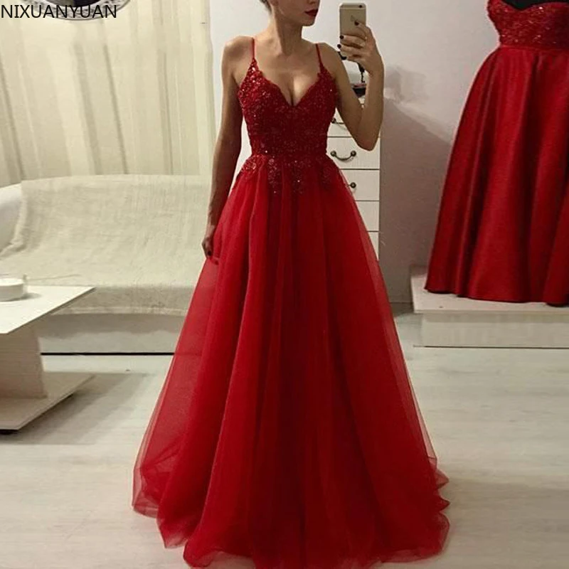 

V-neck Evening Party Gowns Vestidos De Festa Formal Applique Floor-Length Spaghetti Straps Celebrity Prom Dress