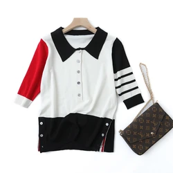 Spring  new TB short-sleeved sweater women's self-cultivation stitching lapel four-bar five-point sleeve POLO shirt tide