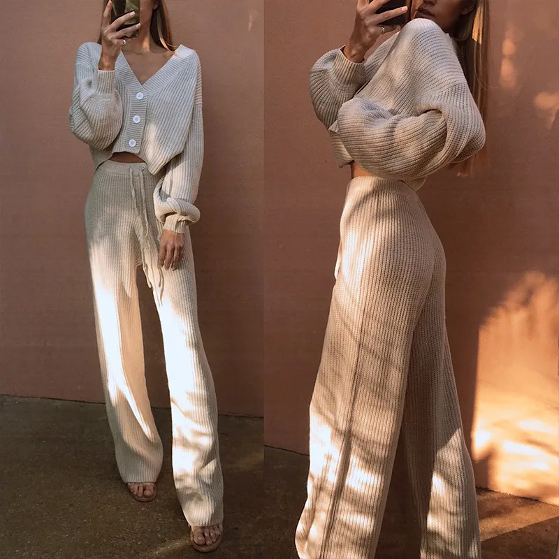 Knit V-neck Women\'s Cardigan Pant Two Piece Set Loose Long Sleeve Lace Up Pants Suit Female Nice Winter Ladies Elegant Sets